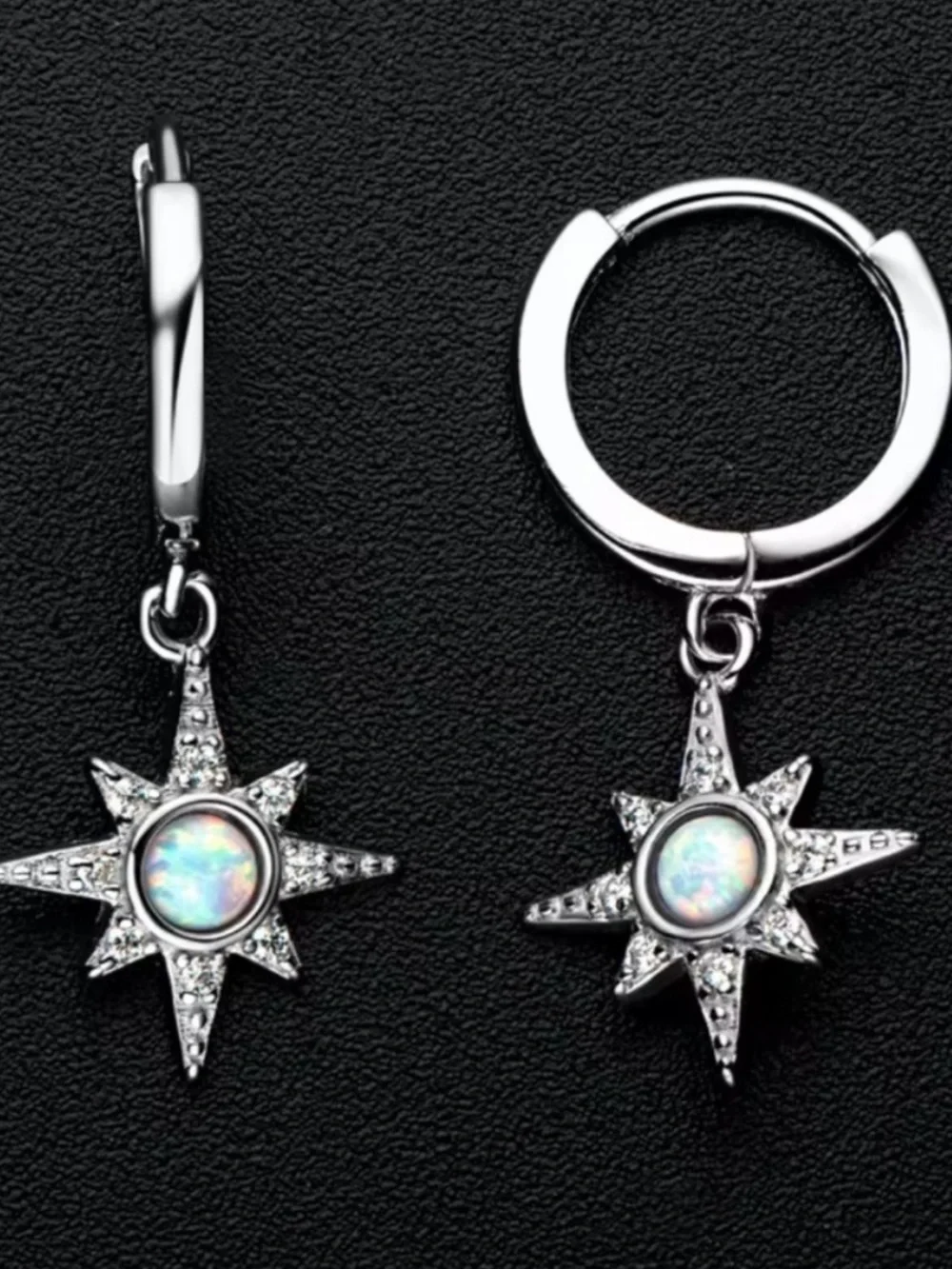 925 Silver Starburst Opal Drop Hoop Earrings